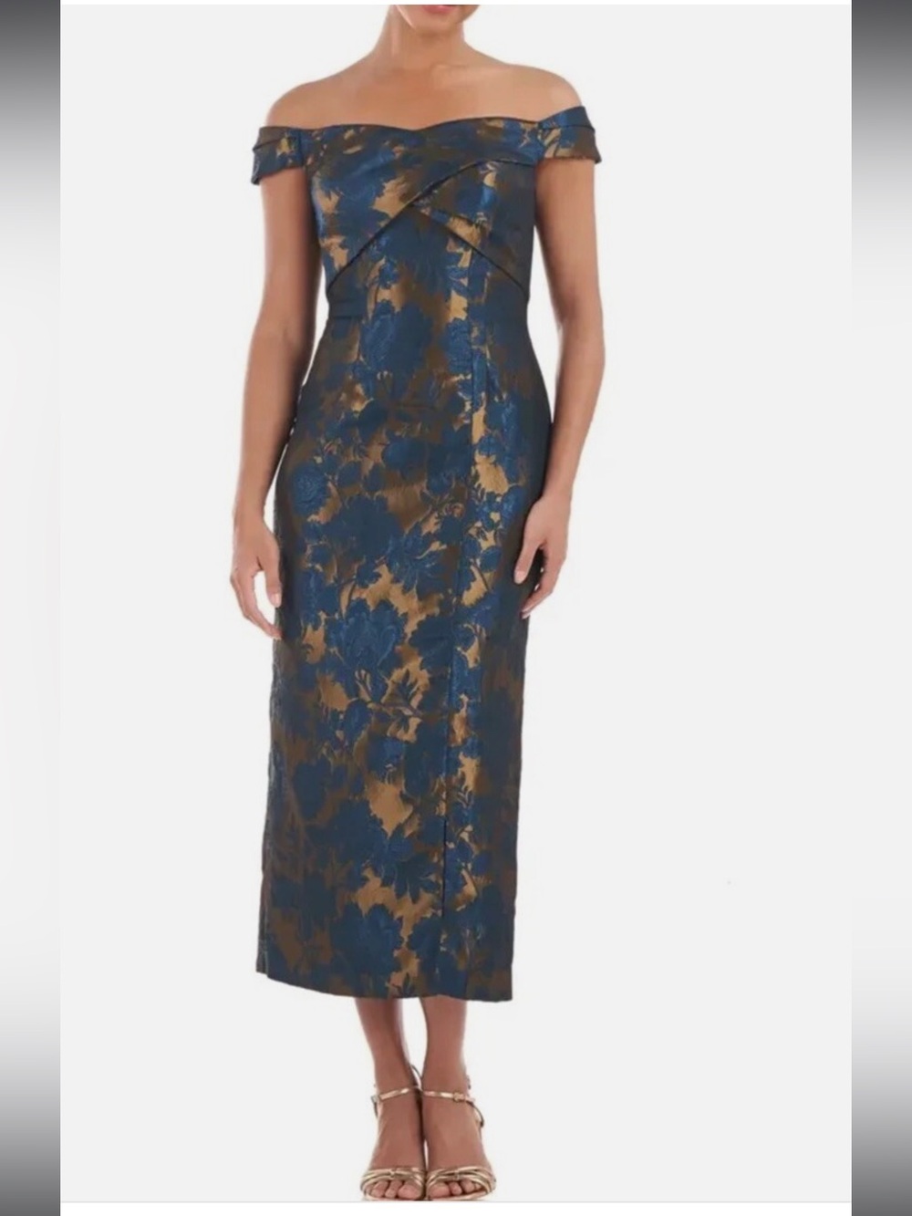 Kay Unger Sapphire Blue Gold Alessia Off Shoulder Jacquard Midi Dress sz 4